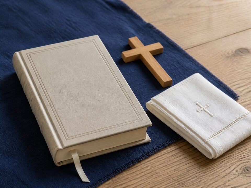 Catholic Baptism gift guide: a devotional object arranged on a worktable