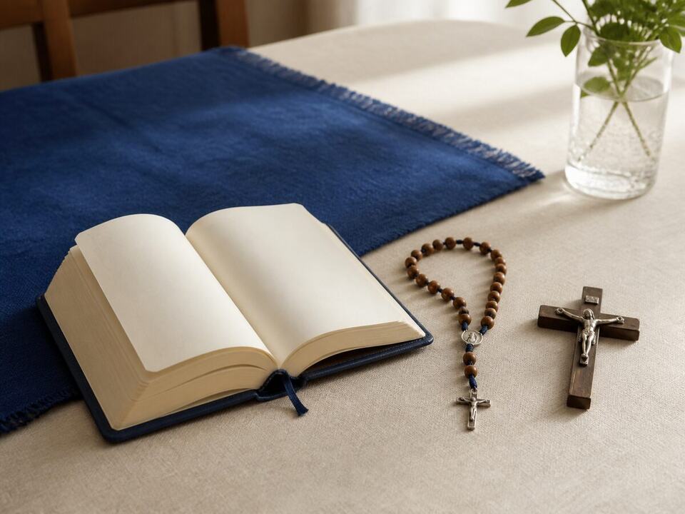 First Communion gift guide: a devotional object arranged on a worktable