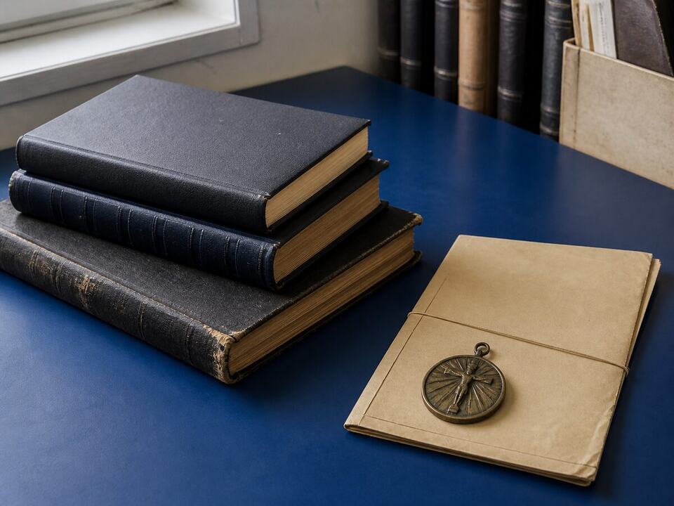 Editorial policy: a devotional object arranged on a worktable