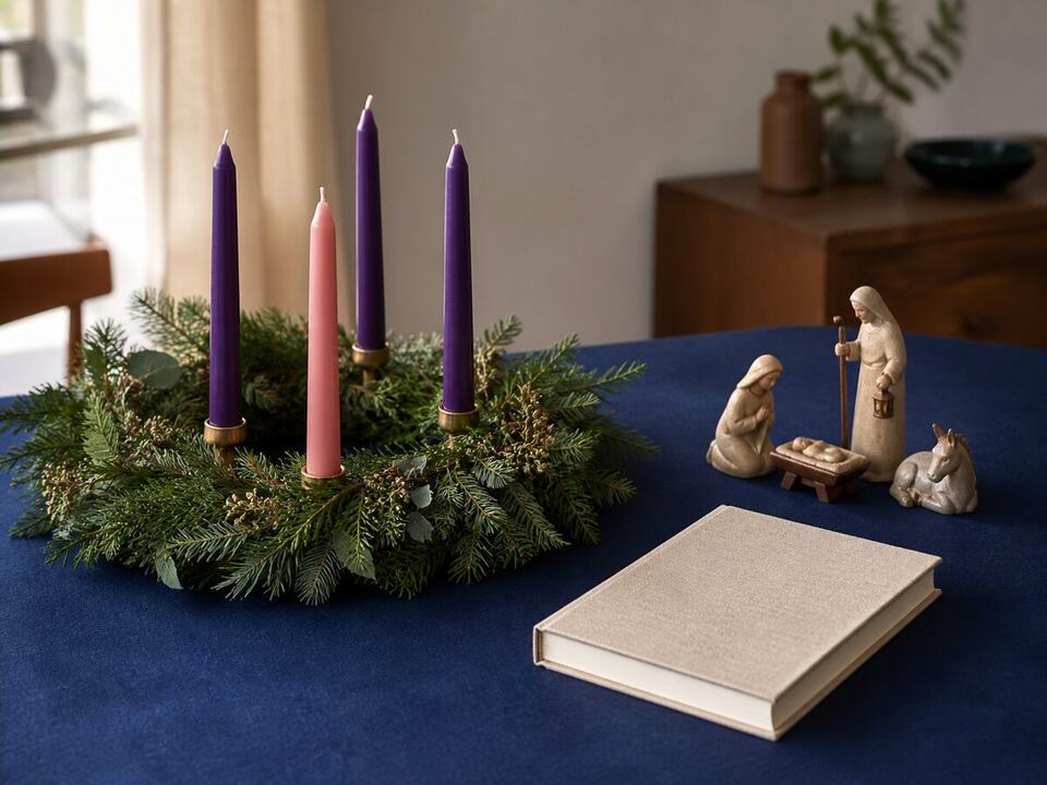 How a Fresh Evergreen Wreath Is Made and Kept: a devotional object arranged on a worktable